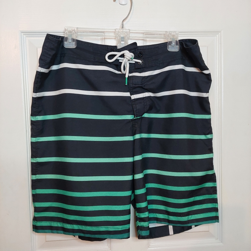 Hollister Black Green Ombre Striped Board Shorts Swim Beach Swimwear Size 34
